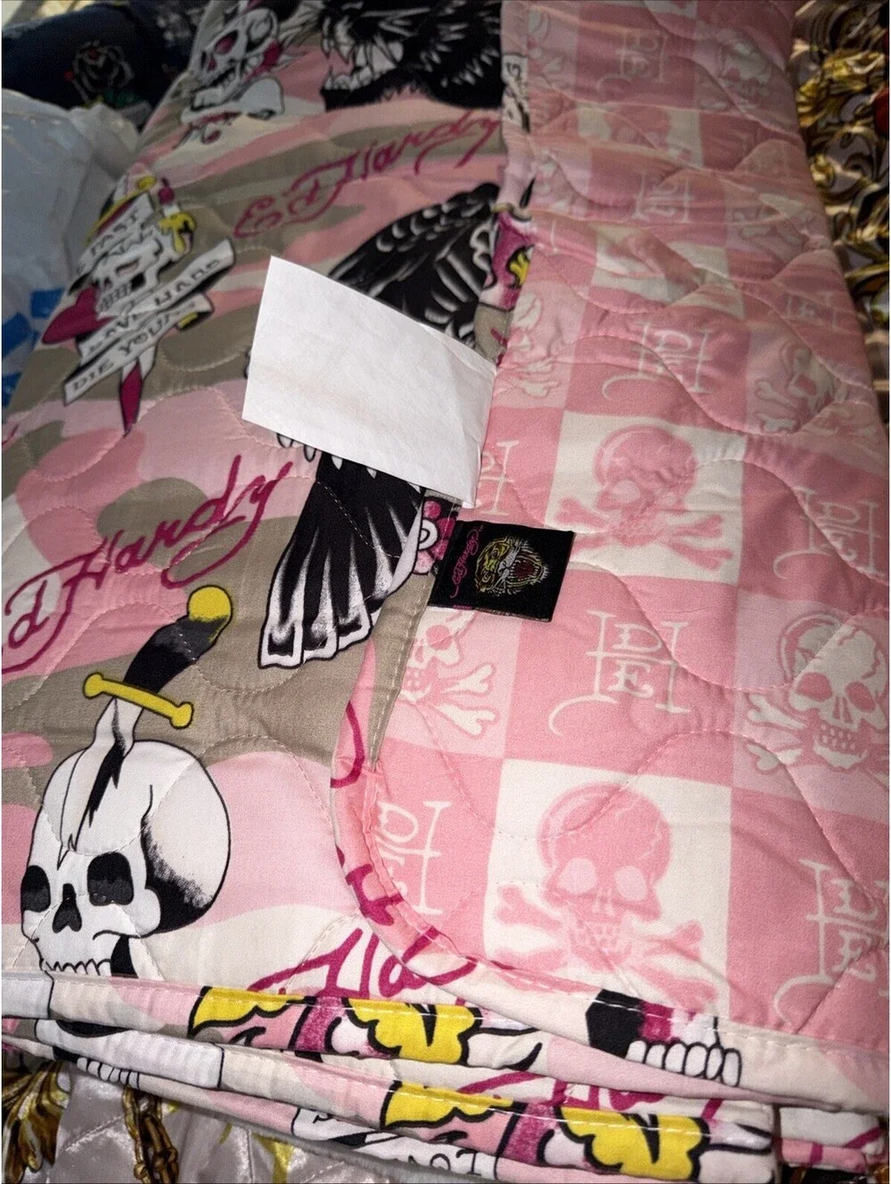 Ed Hardy 3pc FULL/QUEEN Reversible Quilt Blanket &Shams Set Geisha/Skulls,Roses